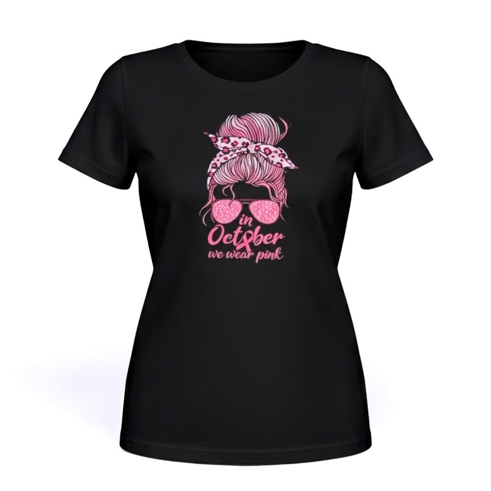 In October We Wear Pink Breast Cancer Awareness Graphic Tee Black Womens Large